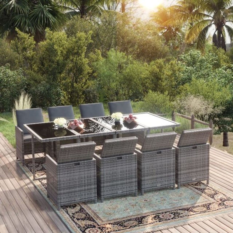 9-teilige moderne Garten-Essgruppe aus Poly-Rattan mit Kissen in Grau von vidaxl - Bild 1