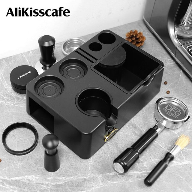 ALIKISSCAFE Espresso Zubehör Set mit Knock Box und Siebträger Halter Matte in Schwarz aus Kunststoff für 51mm, 54mm und 58mm - Bild 1