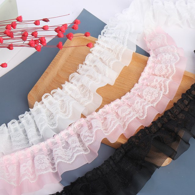 Doppelschicht Plissee Chiffon Spitzenbesatz mit Spitzenrand für DIY Handarbeit und Hochzeitsdekoration Breite: 5 cm, Länge: 183 cm - Bild 1