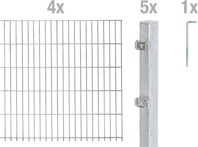 Metallzaun Doppelstabmatte Grund-Set aus Stahl, feuerverzinkt, Farbe: Silber, B/H: 4 x 2 m, Tiefe: 1 m - Bild 1