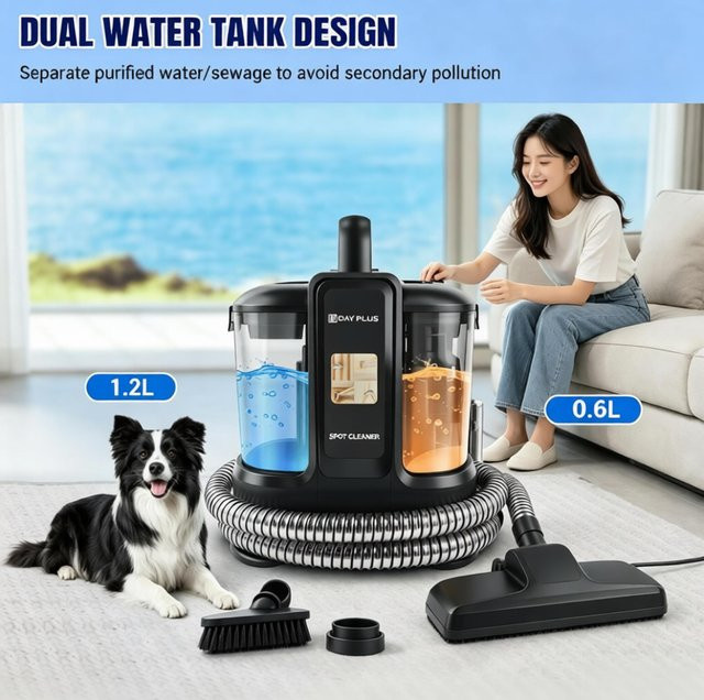 DAYPLUS Tragbarer Fleckenentferner mit Doppel-Wassertank und 2 Bürstenköpfen zur Tiefenreinigung von Teppich, Sofa und Vorhang in Schwarz - Bild 1