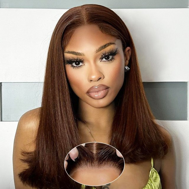 HALOQUEEN HAIR Bob Perücke Echthaar, Schokoladenbraun, Glatt, 180% Dichte - Bild 1