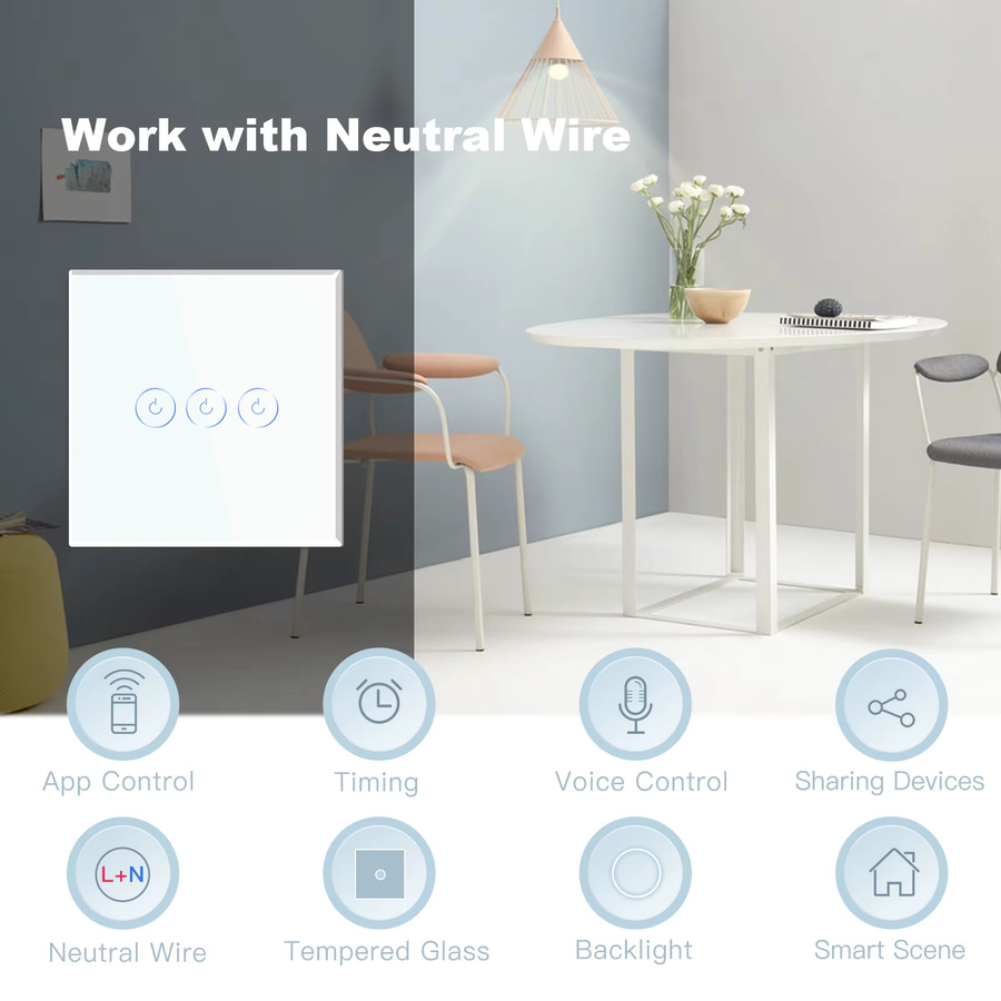 BSEED WLAN Smart-Lichtschalter mit Tuya Smart Life App, Glaspanel in Weiß mit blauer Hintergrundbeleuchtung, 1/2/3-fach Ausführung für Wandmontage - Bild 5