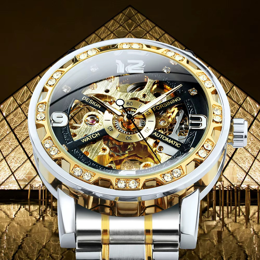 Forsining Armbanduhr, Skelett-Mechanikuhr, Edelstahl, Diamantbesetzt, Herren - Bild 3