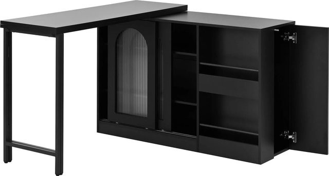 okwish Bartisch mit ausziehbarer Drehtisch-Funktion und Glasschranktür in Schwarz, B/T/H: 121,5 x 40 x 76,7 cm - Bild 1