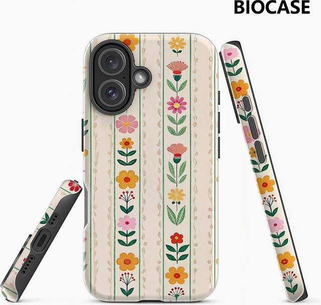 Handyhülle mit Blumenmuster und gestreiftem Design für Apple iPhone 17 16 15 14 13 12 11 Pro Max Plus in Multicolour mit doppelschichtiger Rückseite - Bild 1