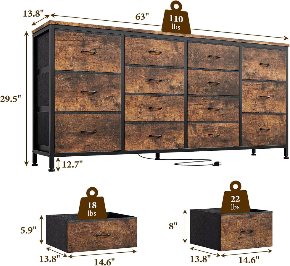 HiMISS Moderne TV-Kommode mit 14 Schubladen und Steckdosen, Platzsparende Stoffkommode mit Metallgestell für Wohnzimmer, Schlafzimmer oder Kinderzimmer, B/T/H: 160 x 35 x 75 cm - Bild 6