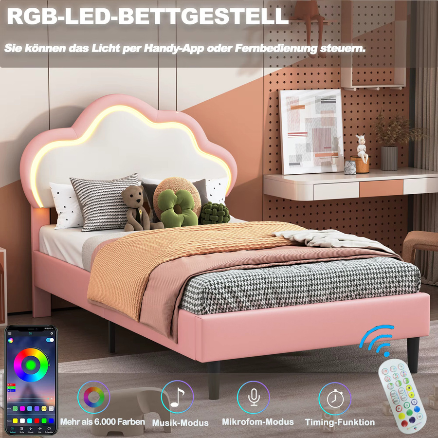 Fangange Mädchenbettgestell aus rosa Kunstleder mit wolkenförmigem Kopfteil und LED-Beleuchtung, B/T: 90 x 200 cm - Bild 2