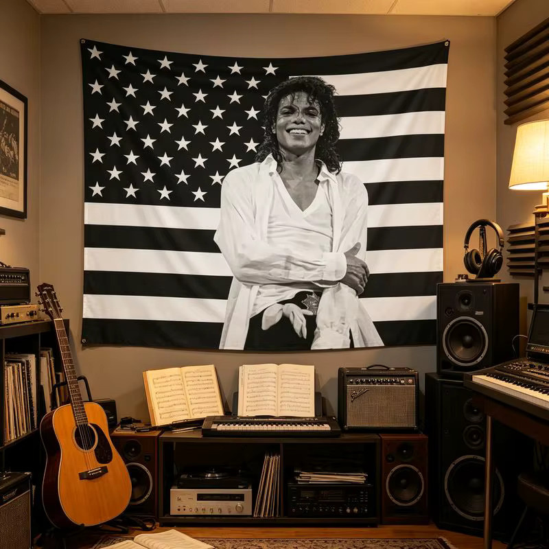 VIKAMA Wandteppich Michael Jackson mit amerikanischer Flagge, Retro Pop-Star Wandbehang in Multicolour, Rechteckige Wandkunst für dein Schlafzimmer oder Musikzimmer, Breite: 60 cm, Höhe: 40 cm - Bild 2