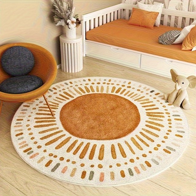 VIKAMA Boho Sunburst runder Teppich mit geometrischem Druck, waschbar und rutschfest, cremefarben und Terrakotta - Bild 1