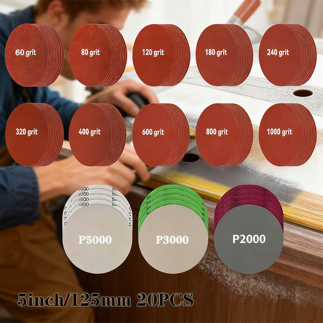 VIBRATITE Schleifscheiben mit Klettverschluss 5 Zoll, 20 Stück, Siliziumkarbid, Körnung 60–2000, runde Schleifpapier-Sets für Polierarbeiten - Bild 1