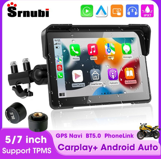 srnubi Tragbares Wasserdichtes Motorrad DVR mit GPS Navigation, Wireless CarPlay und Android Auto, Dual Bluetooth sowie TPMS, Schwarz, 5/7 Zoll - Bild 1