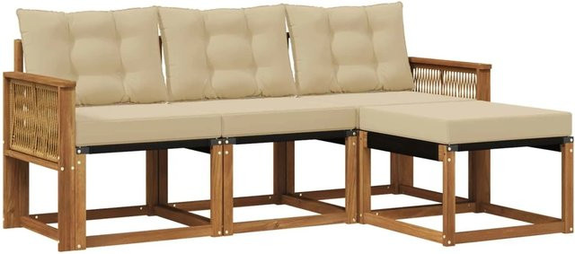 vidaXL Outdoor-Sofagarnitur L-Form aus Akazienholz mit Textilene und Kissen, Natur-Beige - Bild 1