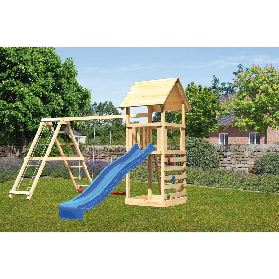 Karibu Spielturm Lotti mit Doppelschaukel, Klettergerüst, Kletterwand und Rutsche in Blau - Bild 2