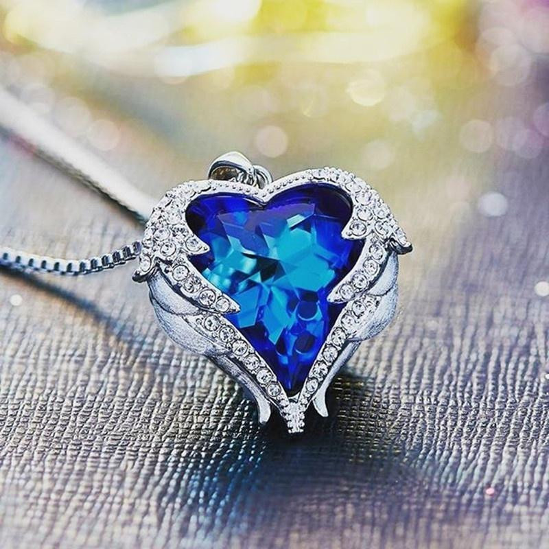 KTJ Anhänger Halskette, Engelsflügel, blaues Kristall Herz, Messing, Damen - Bild 2