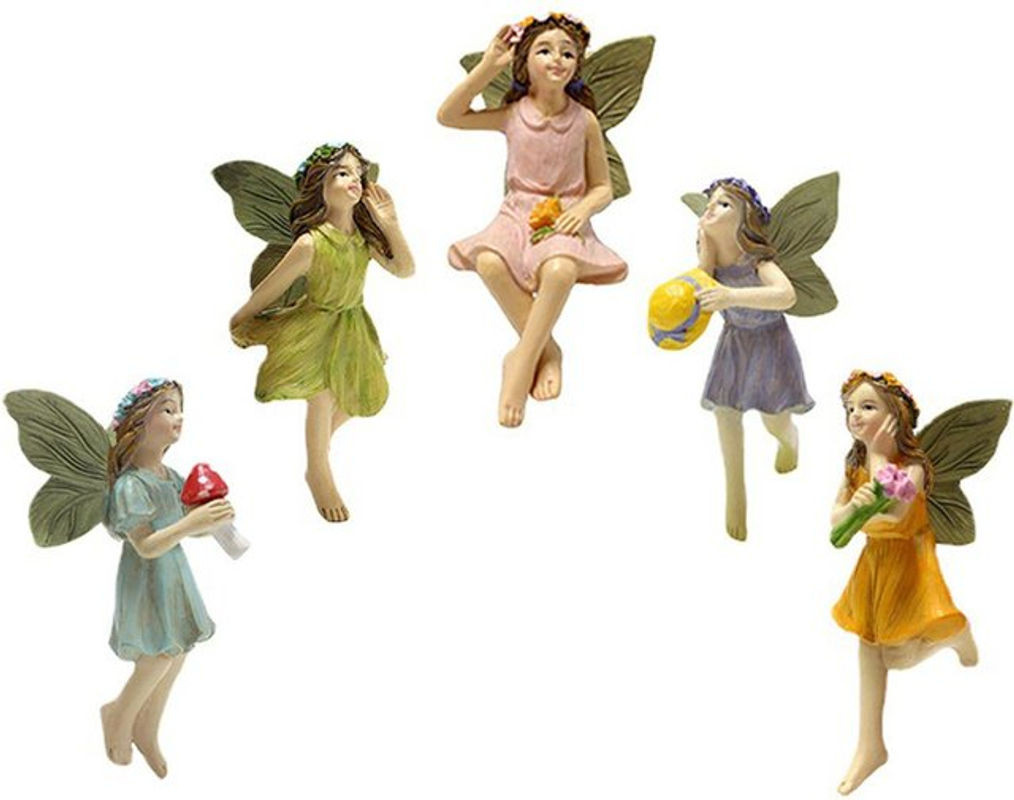 5er Set Neoglint Miniatur Feen Figuren aus Kunstharz in mehrfarbigem floralem Design als Pflanzendekoration - Bild 1
