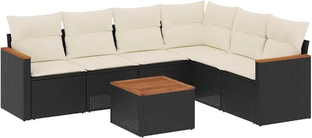 vidaXL 7-teilige Garten-Sofagarnitur aus Poly-Rattan und Akazienholz in Schwarz mit Kissen - Bild 1