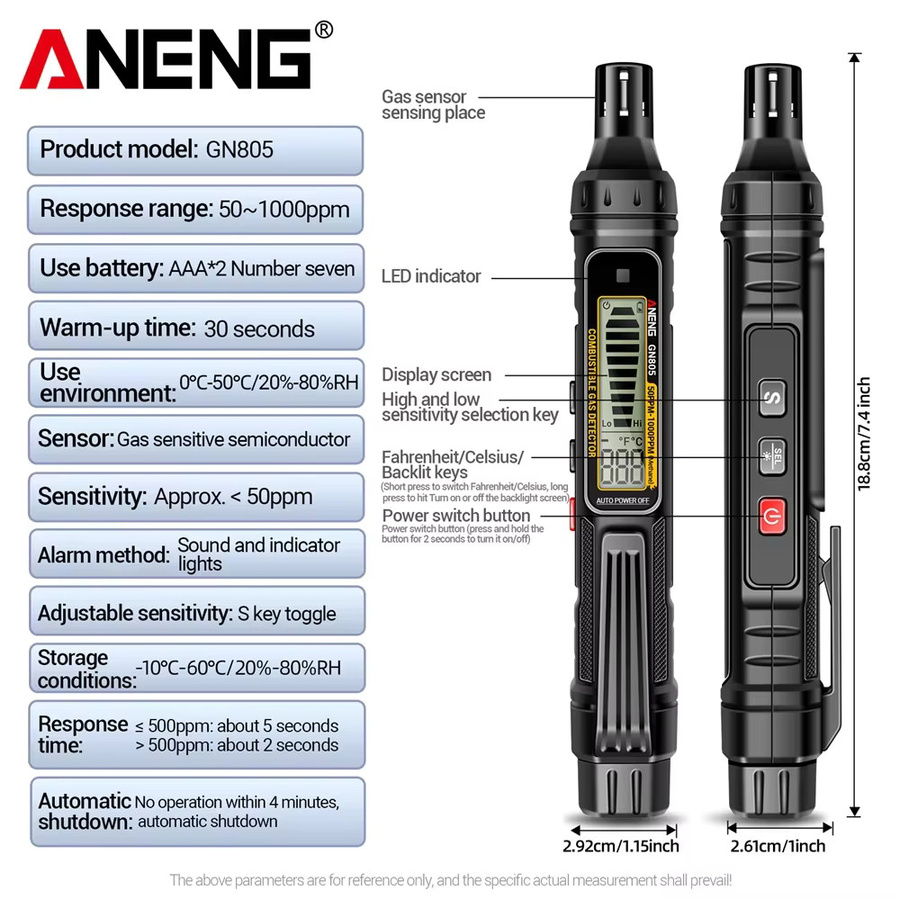 ANENG GN805 Tragbarer Gasleck-Detektor in Schwarz mit einstellbarer Empfindlichkeit und Ton- sowie Lichtalarm für Erdgas, LPG und Propangas - Bild 6