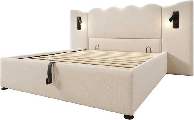 okwish Polsterbett mit Stauraum und USB-Anschluss in Beige, B/T/H: 160 x 200 x 232 cm - Bild 1