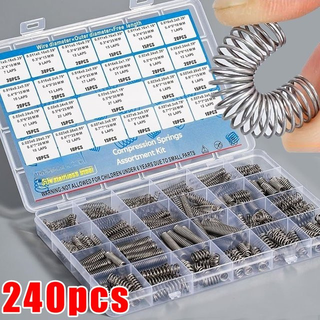 Druckfeder Sortiment Kit aus 304 Edelstahl in Silber mit 240 Teilen und 15 Größen für mechanische Reparaturen und DIY Projekte - Bild 1