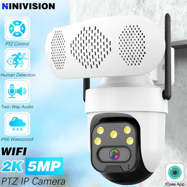 NINIVISION 5MP HD Outdoor PTZ IP Kamera mit Auto Tracking, Zwei-Wege-Audio und IP66 Wasserdichtigkeit, Weiß - Bild 1