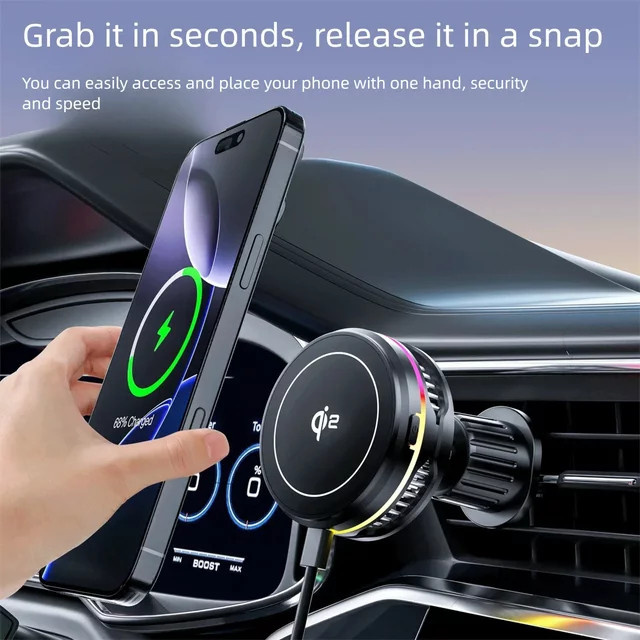 VIKEFON Qi2 Auto-Magnetisches Schnell-Ladegerät mit Kühlventilator und Wärmeableitung, Lüftungshalterung für iPhone 12-17 und Samsung, Schwarz - Bild 1