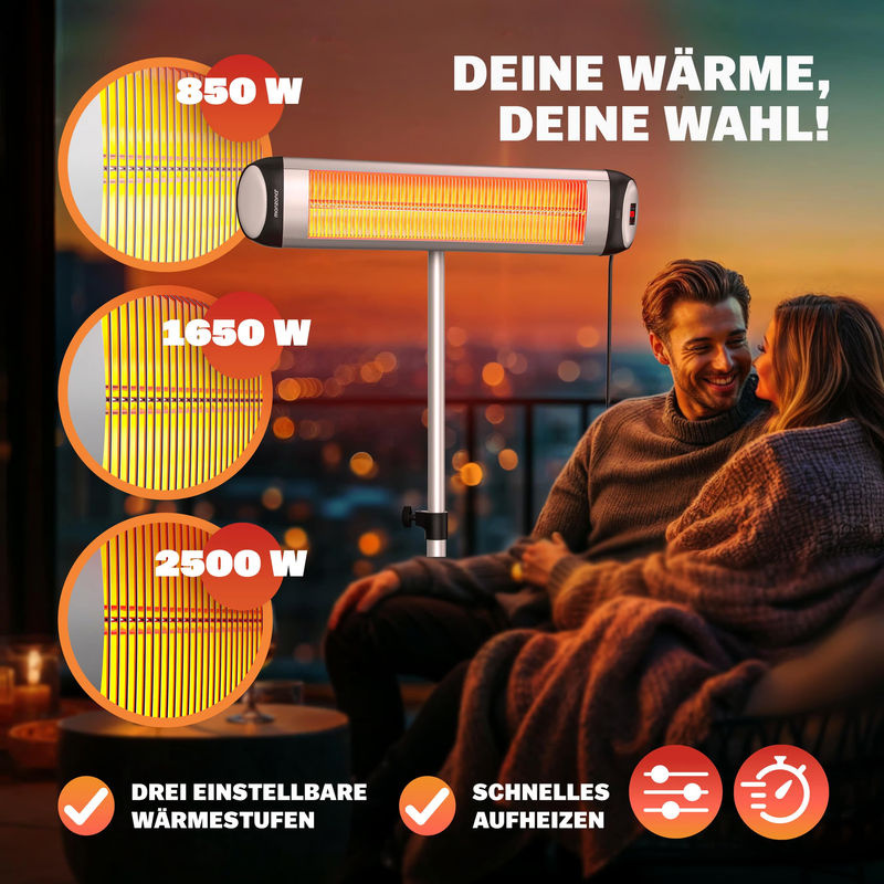 Heizstrahler MZH2500 Silber 2500W mit verstellbarem 90° Neigungswinkel und Ständer - Bild 3