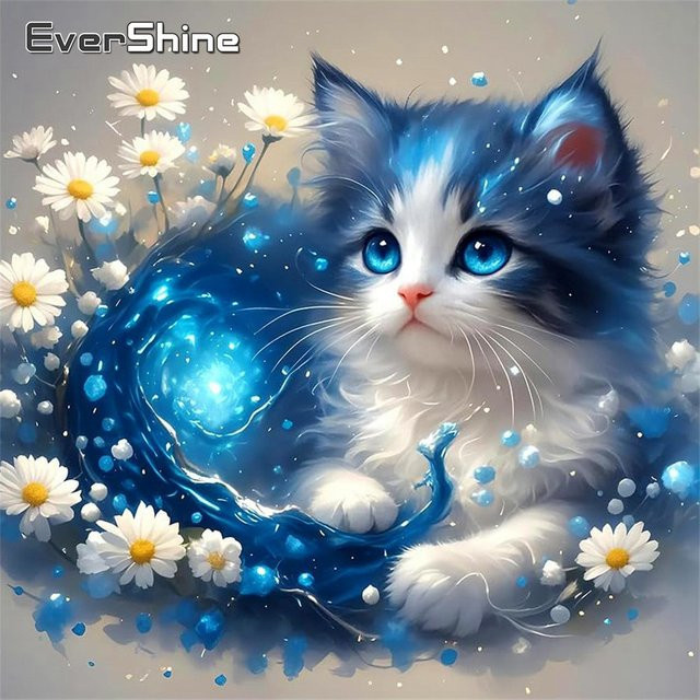 EverShine Diamant-Mosaik DIY Set Katze mit Gänseblümchen als Rund-Kreuzstich Stickerei zur Heimdekoration - Bild 1