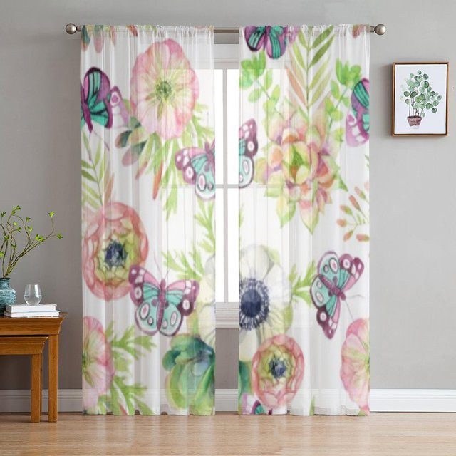 Super Six Transparent Tüll Vorhang mit Aquarell Schmetterling und Blumen in Weiß, B: 135 cm, H: 114 cm - Bild 1
