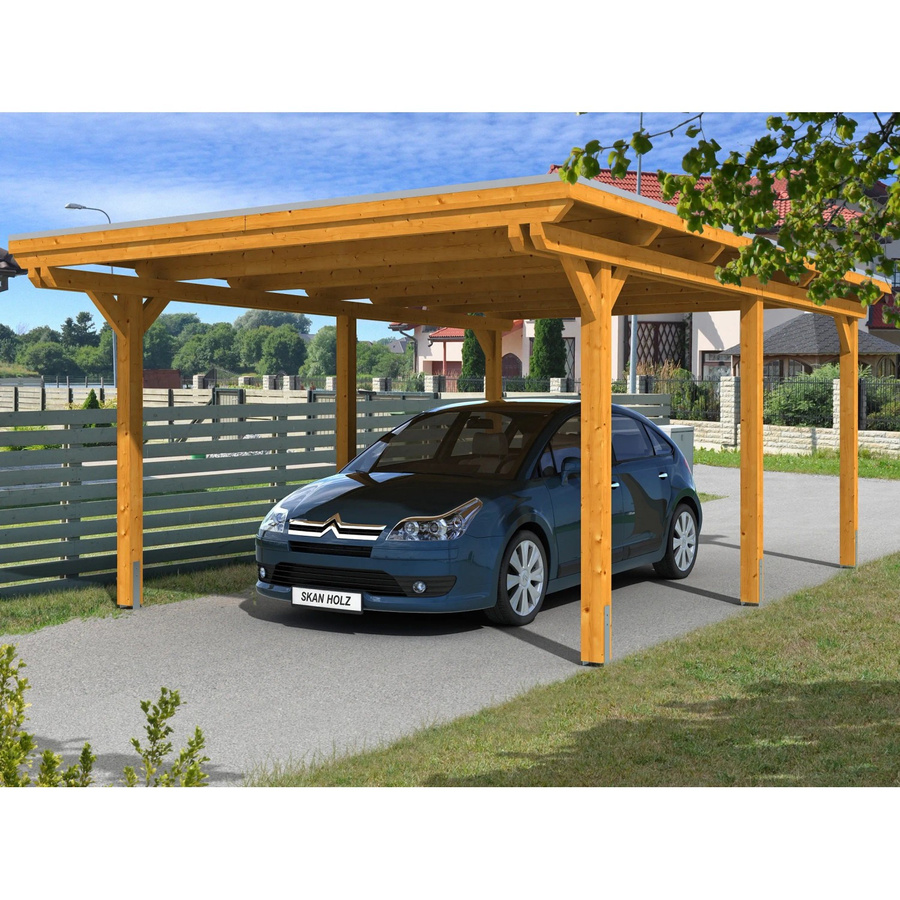 Skan Holz Einzelcarport Emsland aus Leimholz Eiche hell, B/T: 404 x 604 cm, Firsthöhe: 242 cm, farbbehandelt braun - Bild 2