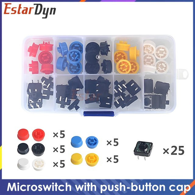 Estardyn Set aus 25 taktilen Drucktastenschaltern mit 5 farbigen Kappen, Mikroschalter für PCB DIY Elektronikprojekte, B/T/H: 12 x 12 x 0,73 cm - Bild 1