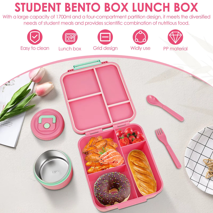 Auslaufsichere Lebensmittelbox mit vier Fächern und Besteck in Pink, 1700 ml - Bild 2