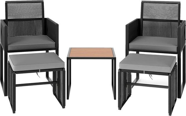 Costway 5-teiliges Gartenmöbel Set aus Akazienholz und PE-Rattan in Schwarz-Grau mit Tisch, 2 Stühlen und Hockern - Bild 1