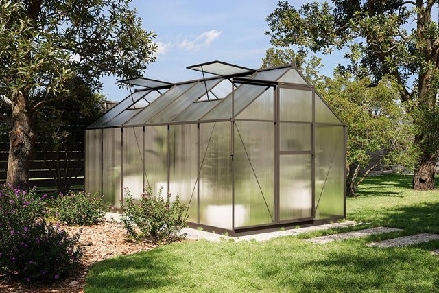 OUTFLEXX Verde Premium Gewächshaus in Schwarz aus Aluminium und Polycarbonat mit Schiebetür und 2 Fenstern, B/T/H: 358 x 183 x 200 cm - Bild 1
