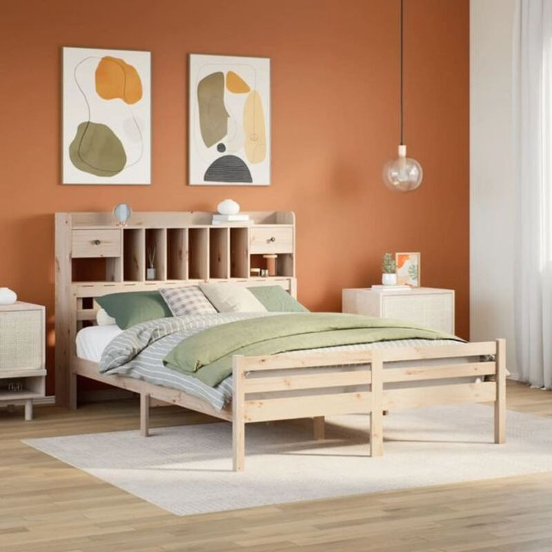 Massivholzbett Vidaxl aus Kiefer mit Regal in Braun und Natur, B/T/H: 140 x 190 x 110 cm - Bild 1