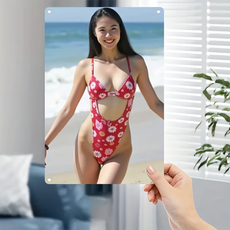 CIFBUY Metall-Wandkunst Retro-Vintage Stranddekoration mit rotem Bikini und floralem Muster, Rechteckiges Eisenkunst-Poster für Zuhause, Bar oder Café, Breite: 30,0 cm, Höhe: 20,0 cm - Bild 3