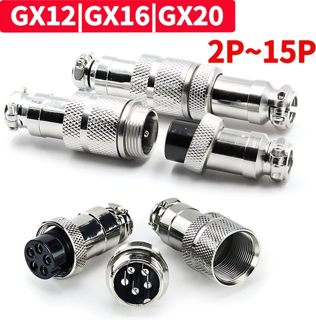 Set aus runden Luftfahrtsteckern und Buchsensteckern in Silber, verschiedene Modelle GX12, GX16, GX20, QL16, M16 mit 2 bis 15 Pins, männlich und weiblich - Bild 1