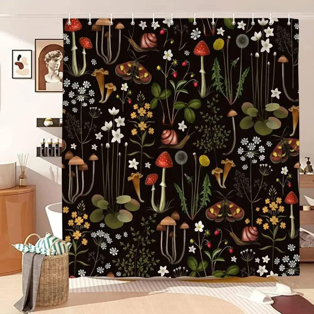 MINISO Duschvorhang mit floralem Pilz- und Schmetterlingsmuster in Grün und Multicolour, B/H: 150 x 180 cm - Bild 1