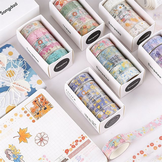 mr.paper Washi-Tape Set mit 5 Rollen transparentem PET Blumen-Aufkleberband in Multicolour für Scrapbooking und Journaling - Bild 1