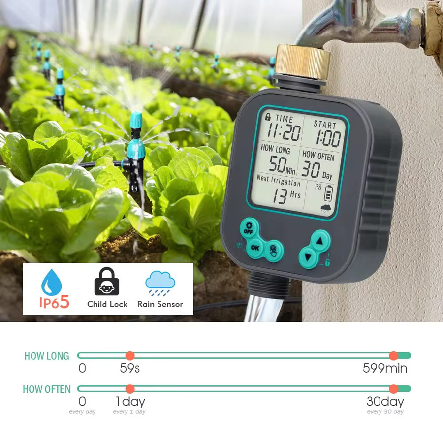 MUCIAKIE Gartenbewässerungssystem mit LCD-Timer, Regensensor und verstellbaren Sprinklern sowie Tropfern in Schwarz - Bild 3