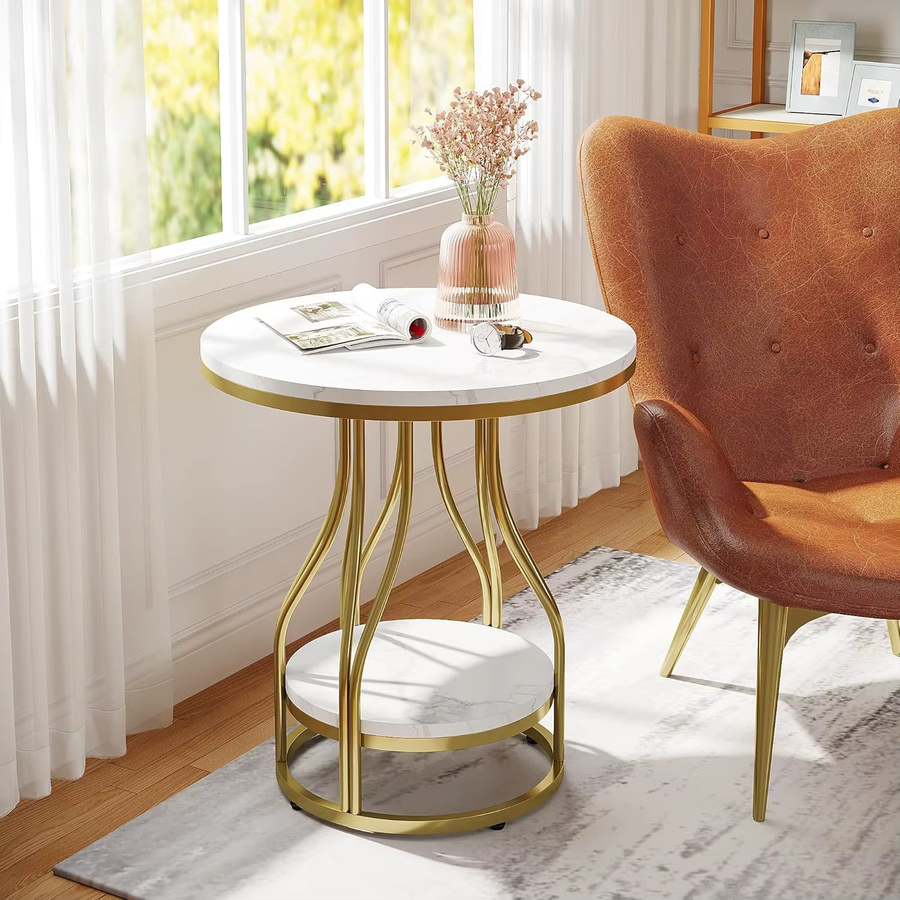 LITTLE TREE 2-stöckiger runder Beistelltisch in Weiß und Gold mit Metallrahmen für dein Wohnzimmer - Bild 2