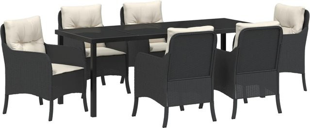 vidaXL 7-teiliges Garten-Esstisch-Set aus Poly Rattan in Schwarz mit cremefarbenen Kissen - Bild 1