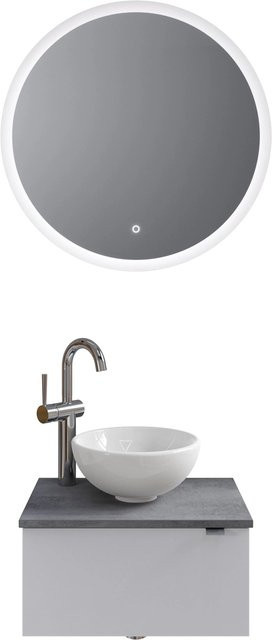 Pelipal Badmöbel-Set Serie 6915 in Weiß Glanz und Dunkelgrau Oxid mit Keramik Aufsatzbecken, Waschtischunterschrank und Funktionsspiegel mit LED-Beleuchtung und Sensor-Schalter - Bild 1