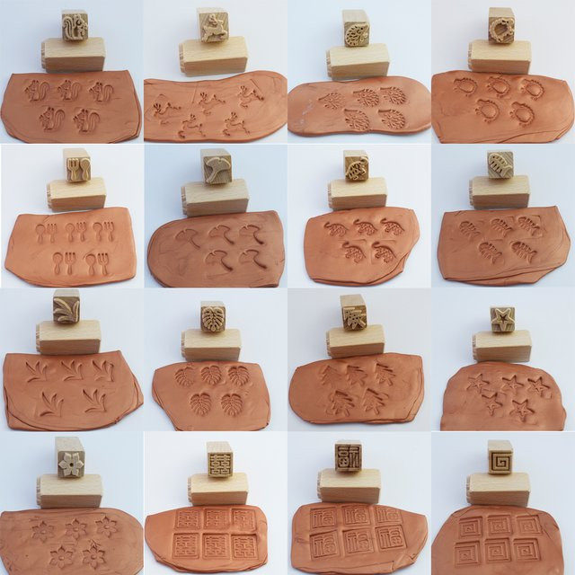 Musterstempel Set für Ton mit Blumen, Blättern und Tieren aus Holz für Keramik und Polymer Clay - Bild 1
