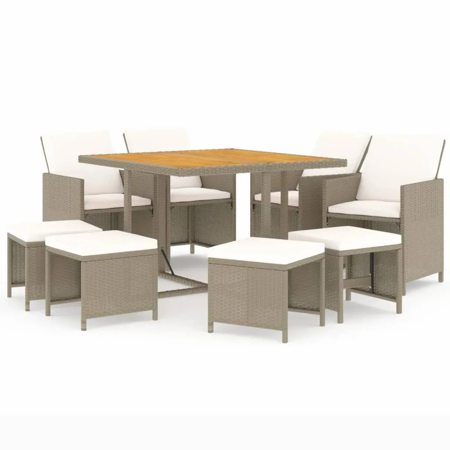 vidaXL 9-tlg Garten-Essgruppe Modell 6 aus Poly Rattan und Akazienholz in Beige mit Kissen - Bild 2