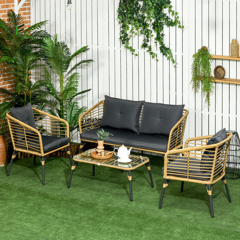 Outsunny 4-teiliges Gartenmöbel-Set aus PE-Rattan und Stahl im Boho-Stil mit Kissen, Farbe Sand/Dunkelgrau, B: 63 cm, T: 131 cm, H: 76 cm - Bild 2
