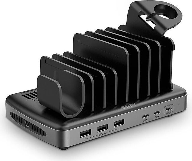 Lindy USB-Ladestation mit 160 Watt und 6 Anschlüssen (3 x USB-A und 3 x USB-C) in Grau und Schwarz - Bild 1