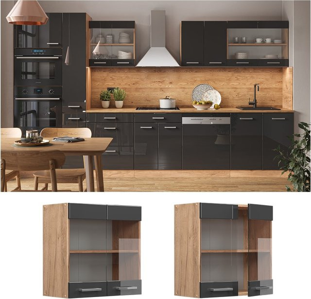 Vicco R-Line Hängeglasschrank Küchenschrank in Eiche und Anthrazit mit Glastüren, Breite: 60 cm - Bild 1
