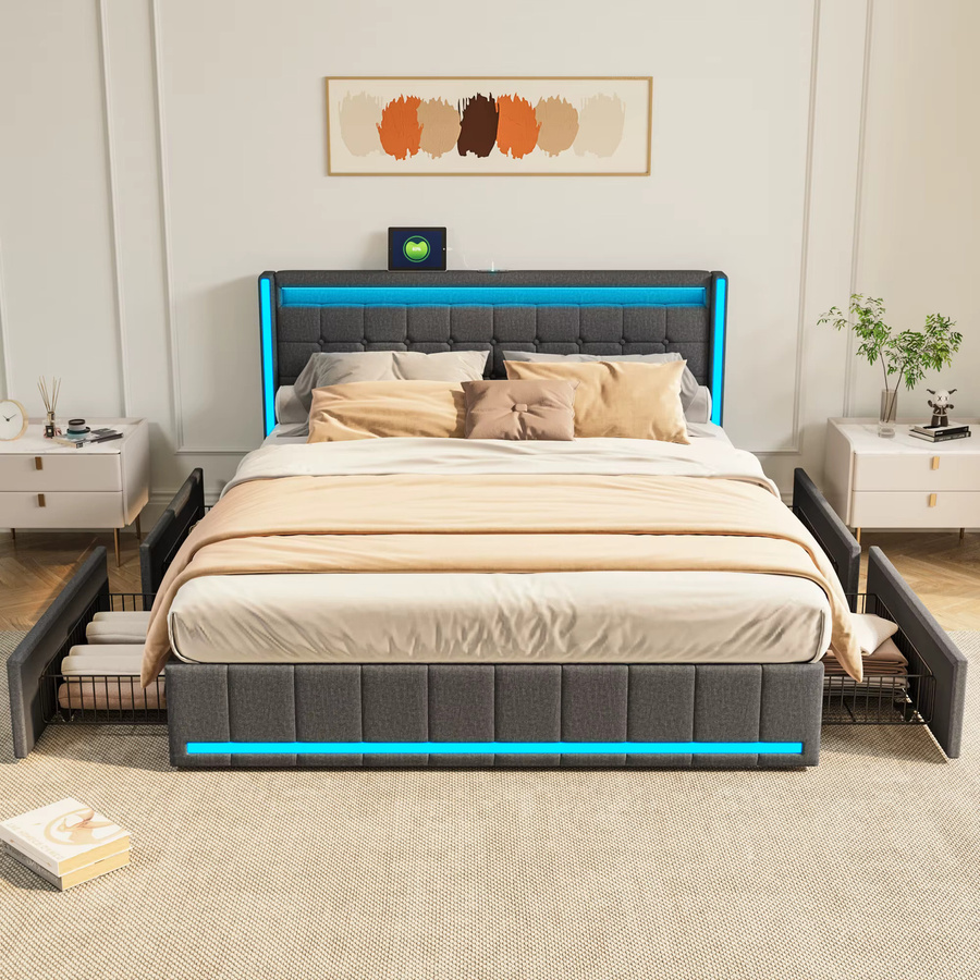 Anajqaqia Modernes Gepolstertes Doppelbett mit 4 Rollschubladen aus Leinenstoff in Grau, B/T: 160 x 200 cm - Bild 2
