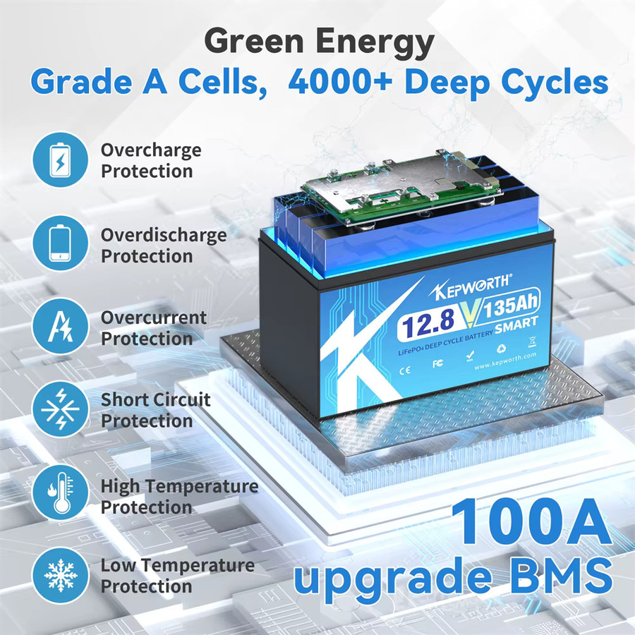 KEPWORTH 12V 135Ah LiFePO4-Akku mit Bluetooth und 100A BMS in Schwarz - Bild 3